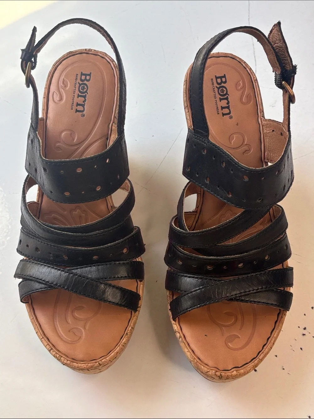 Born Black Leather Cork Wedge Sandals with Eyelet Details